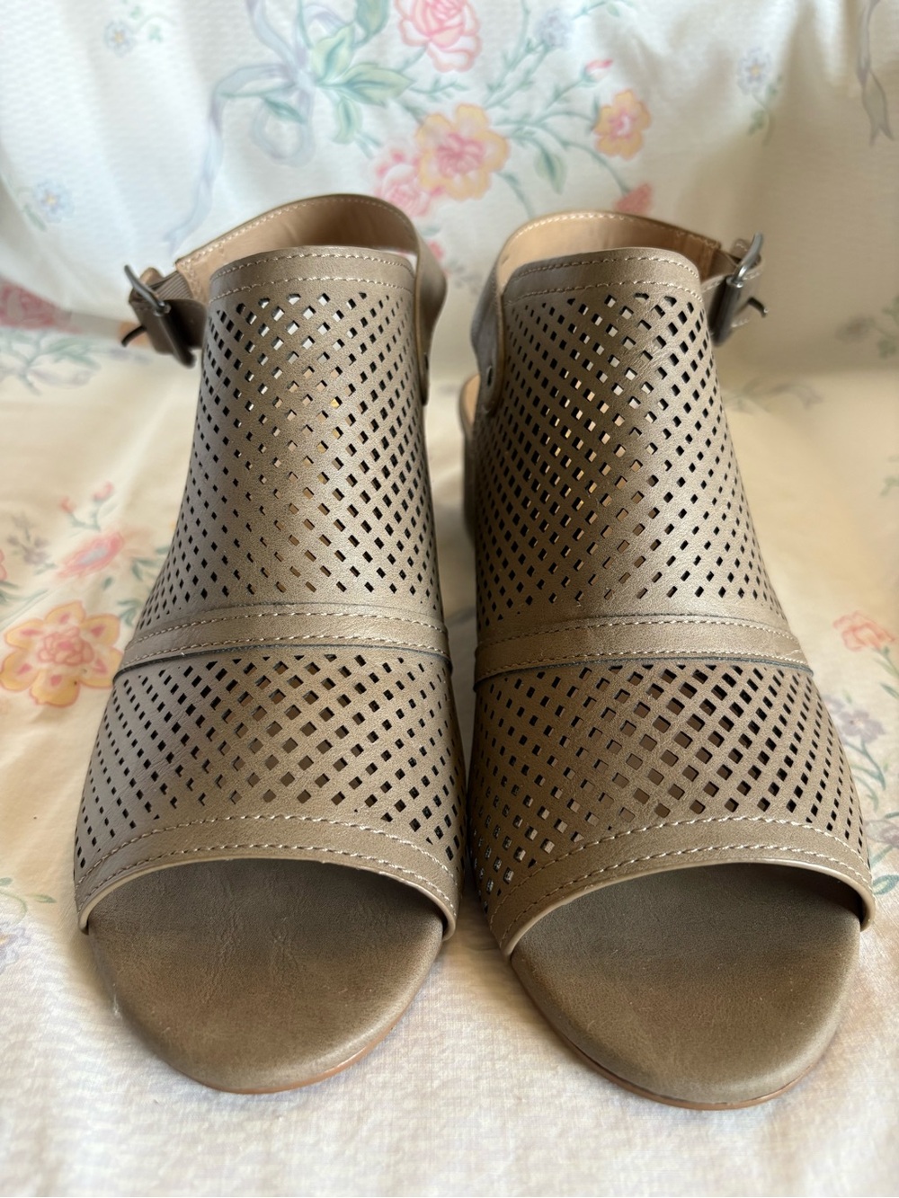 Restricted Taupe Perforated Peep-Toe Slingback Mules